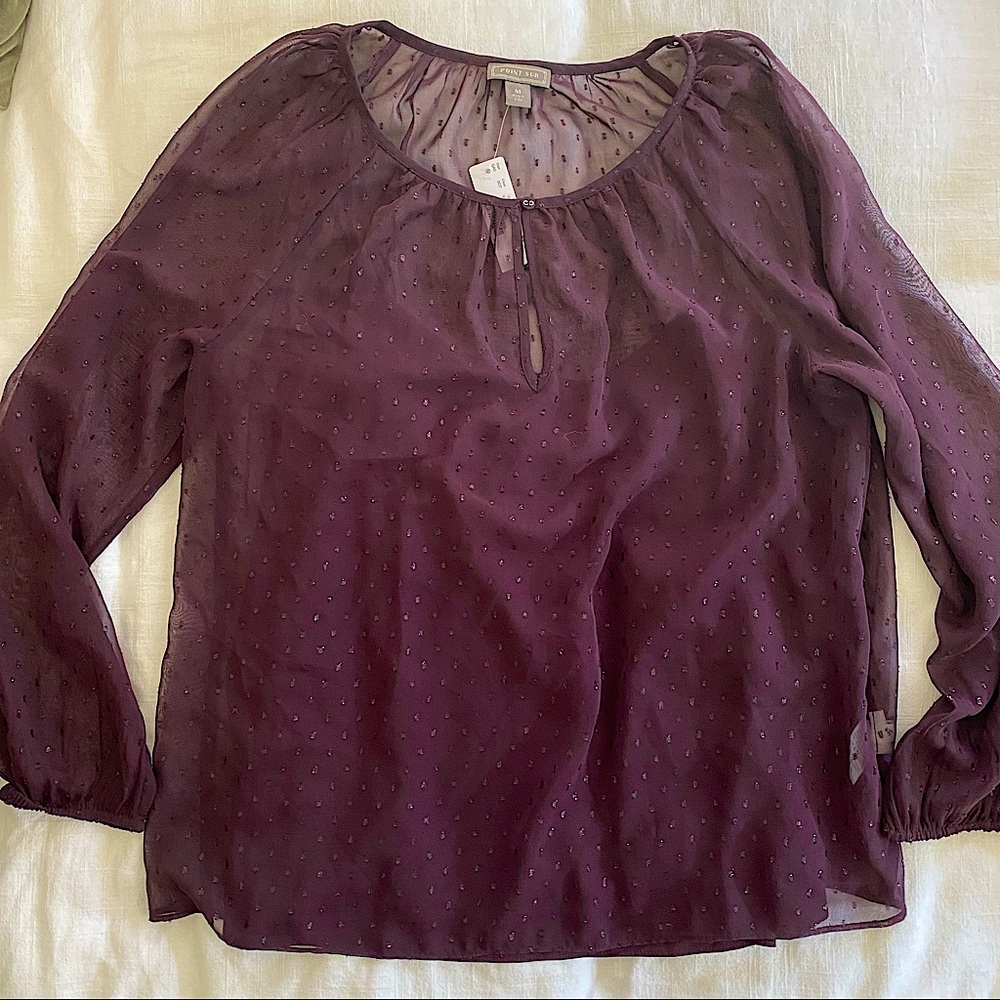 NWT J. Crew Point Sur Sheer Swiss Dot Popover Blouse In Deep Purple size Medium